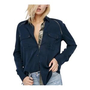 🥰- Free People  soft navy blue button down with gold metallic accents.